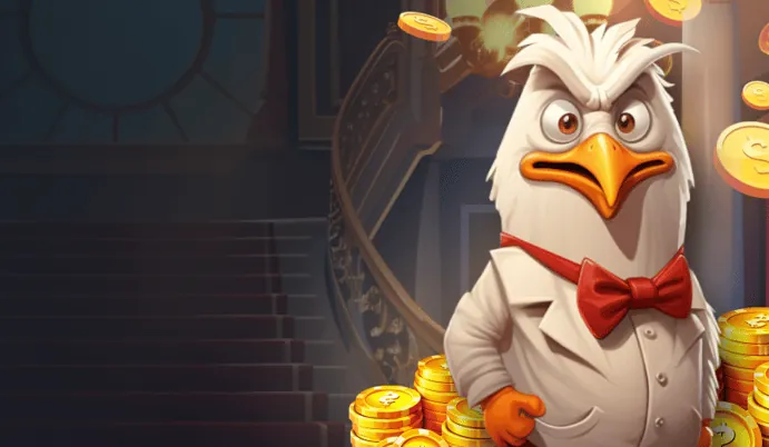 Kokobet mascotte in pak tussen stapels munten